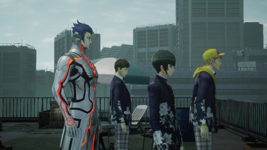 Os personagens Aogami, Atsuta, o protagonista e Dazai no topo de um prédio em Tóquio.