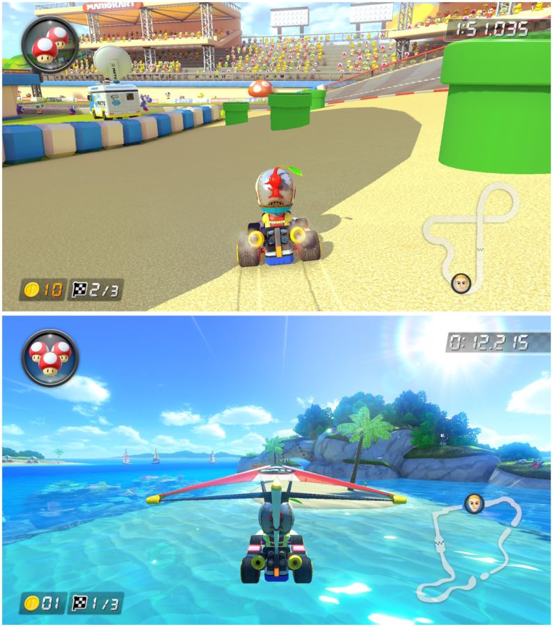 Comparação entre 3DS Toad Circuit (acima) e DS Cheap Cheap Beach (abaixo).