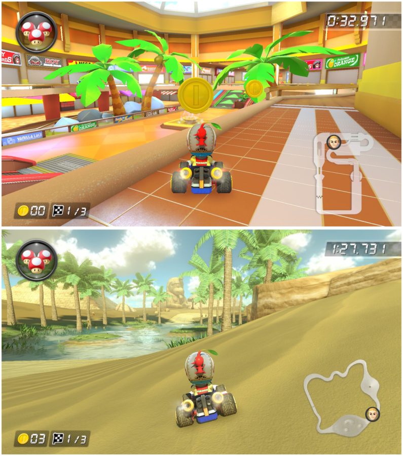 Comparação entre Wii Coconut Mall (acima) e GCN Dry Dry Desert (abaixo).