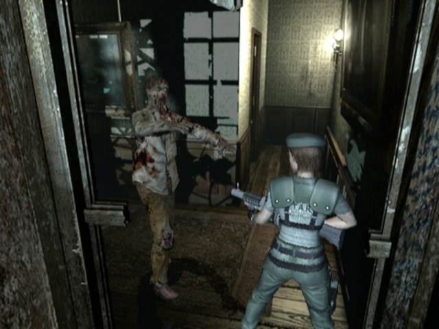 Jill Valentine e zumbi no remake de Resident Evil para o GameCube.