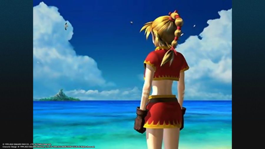 Kid, de Chrono Cross, olha o mar.