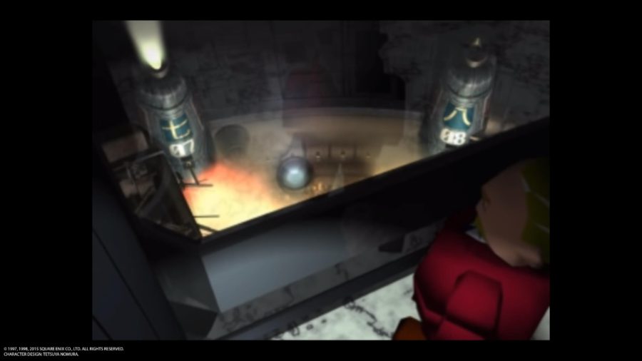 Presidente Shinra, de Final Fantasy VII, olhando para a destruição.