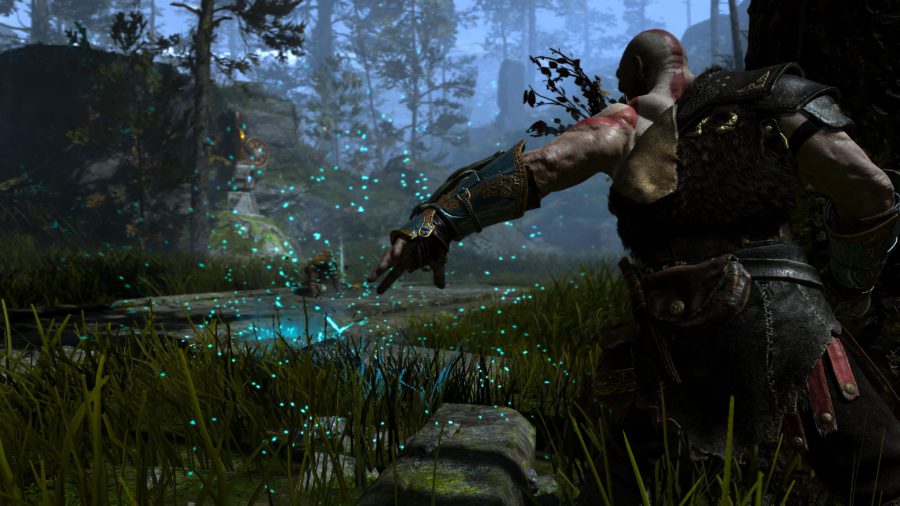 Kratos puxando o machado em God of War
