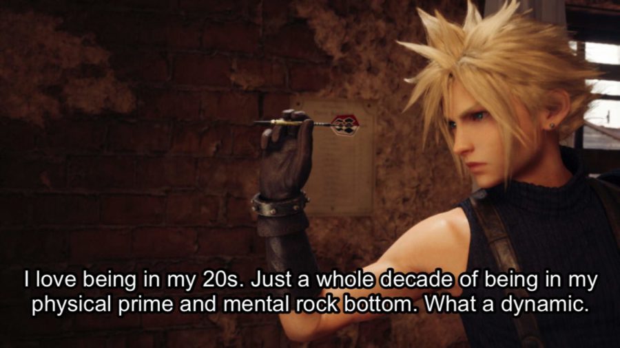 Cloud, de Final Fantasy VII, jogando dardos no remake e lamentando as ironias da vida.