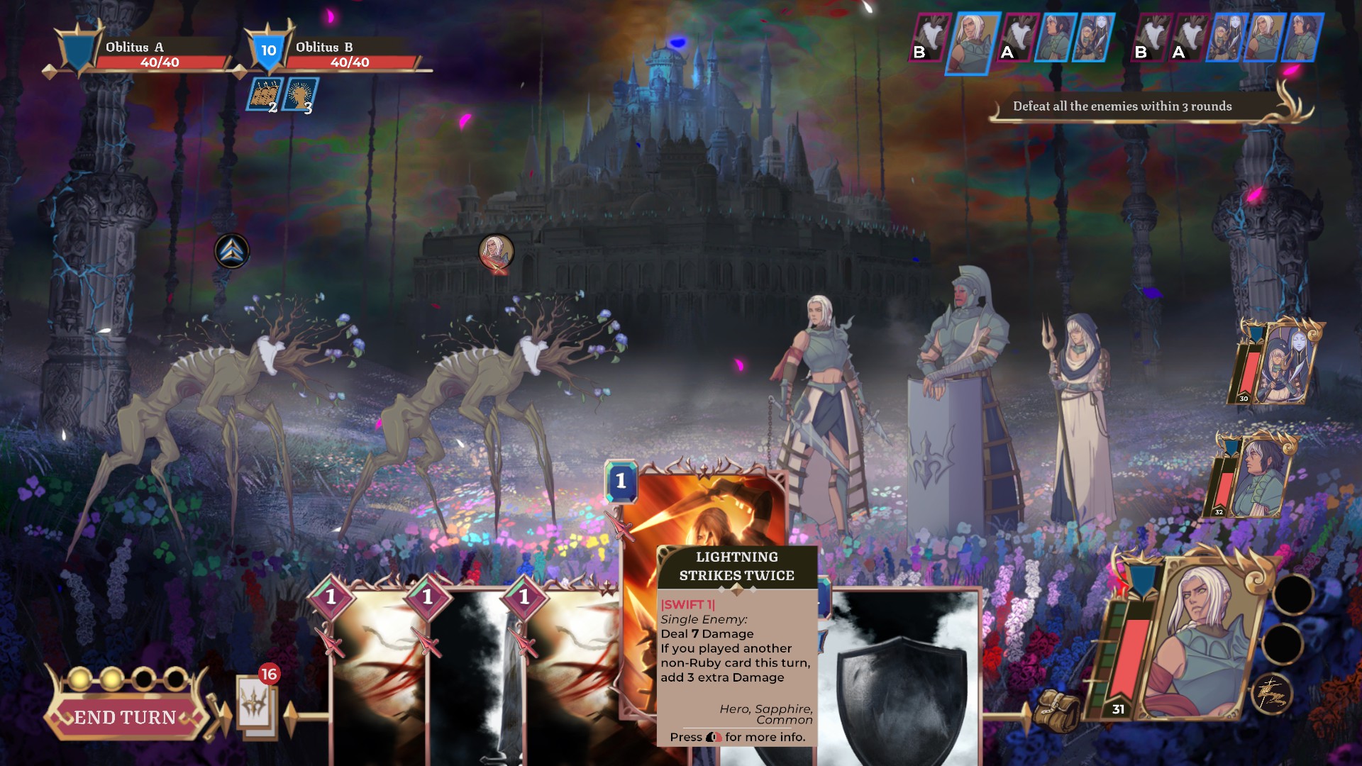Imagem mostrando uma cena de batalha de Shattered Heaven, mostrando um pouco das cartas e seus efeitos