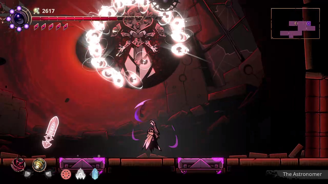 Imagem do jogo Voidwrought, metroidvania indie inspirado por clássicos como Symphony of the Night e o mais recente jogo indie Hollow Knight, e a imagem mostra o protagonista enfrentando um dos chefes do jogo, enquanto o chefe prepara um golpe de raios de energia.