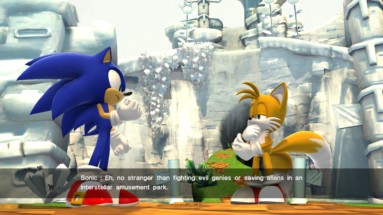 Tela de captura do jogo Sonic X Shadow Generations, mostrando Tails e Sonic conversando em frente a antiga Green Hill Zone no hubworld do jogo