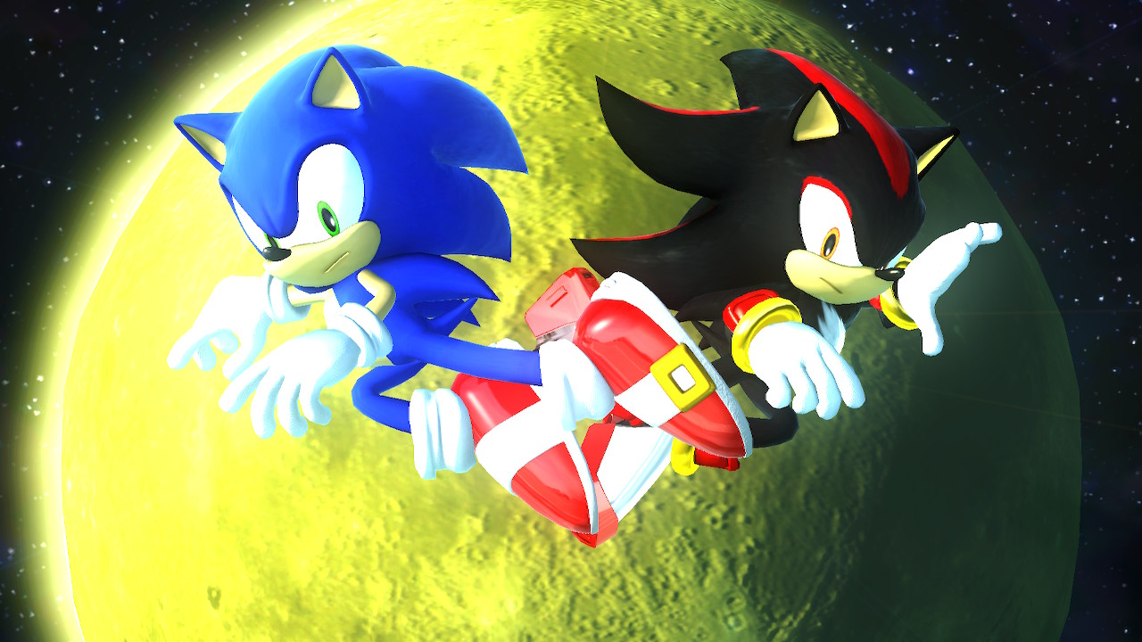 Tela de captura do jogo Sonic X Shadow Generations, mostrando o protagonista Sonic, o ouriço azul, e o anti herói Shadow, o ouriço preto.