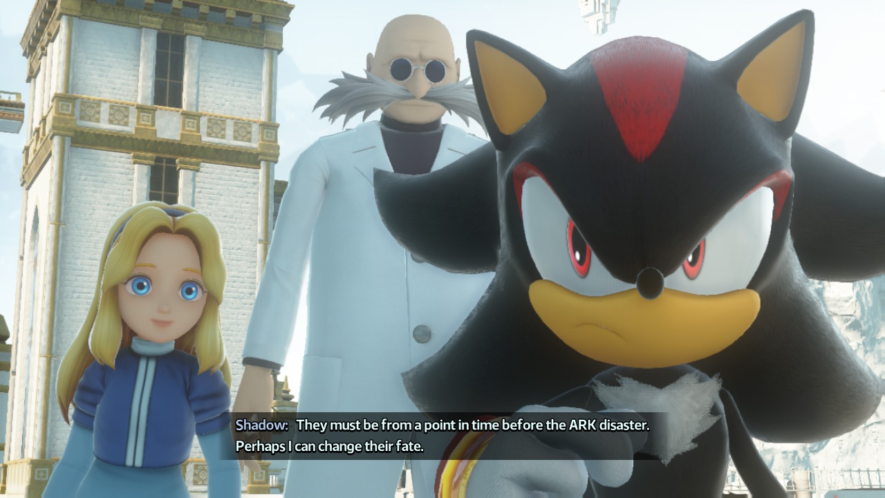 Tela de captura do jogo Sonic X Shadow Generations, mostrando Shadow dialogando com Gerald e Maria Robotnik