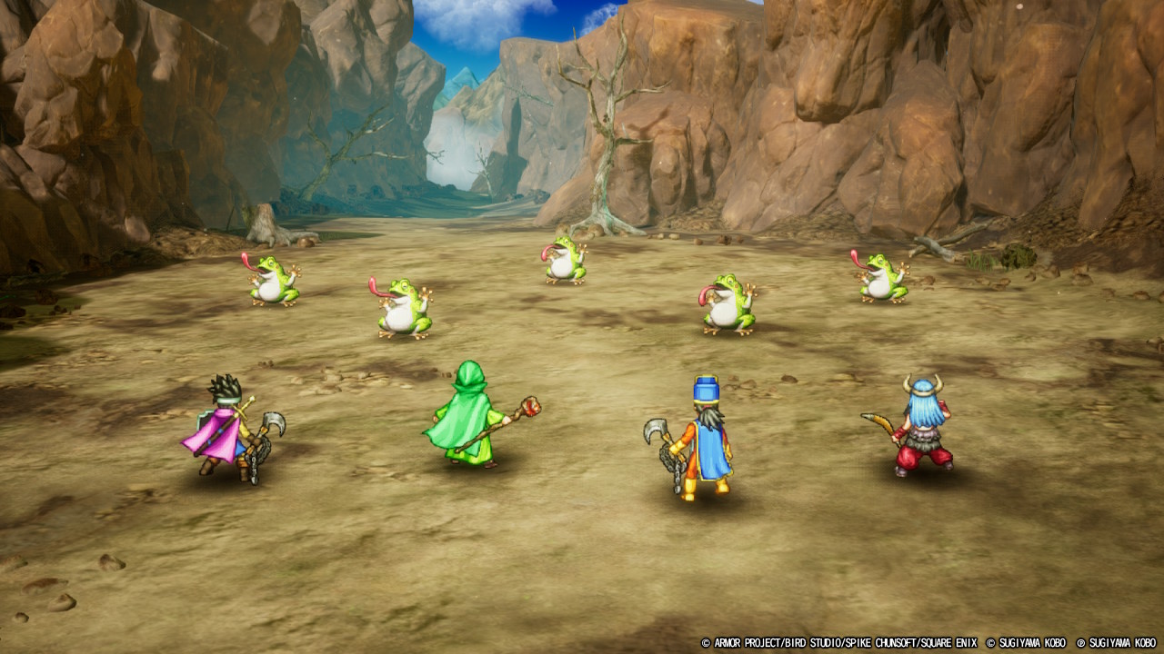 Tela de captura de Dragon Quest III HD-2D Remake, mostrando os quatro protagonistas em combate contra um grupo de sapos