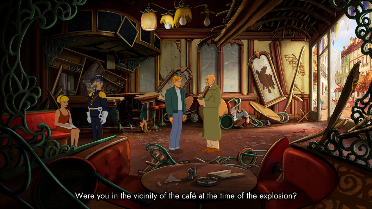 Captura de tela de Broken Sword Reforged, onde o protagonista George Stobbart está sendo interrogado sobre o incidente em um café 