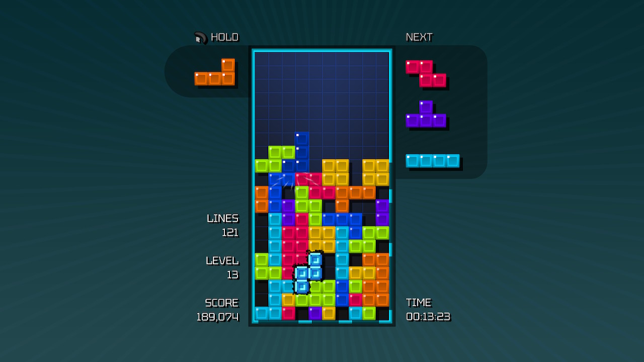 Captura de tela de Tetris Forever, mostrando uma tela de Tetris Time Warp com metade da tela cheia de blocos de Tetris