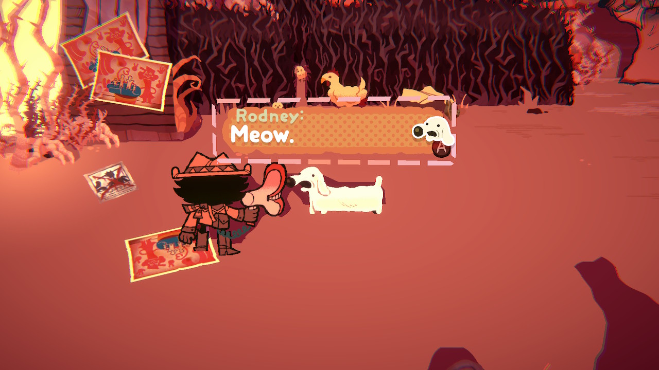 Tela de captura de Great God Grove mostrando interação com um cachorro, que fala "miau".