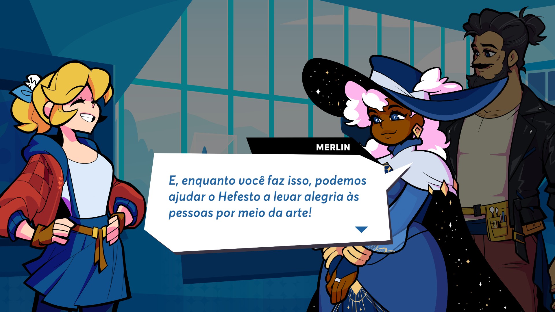 tela de captura mostrando Cadence, a heroína, conversando com seus amigos Merlin e Hefesto