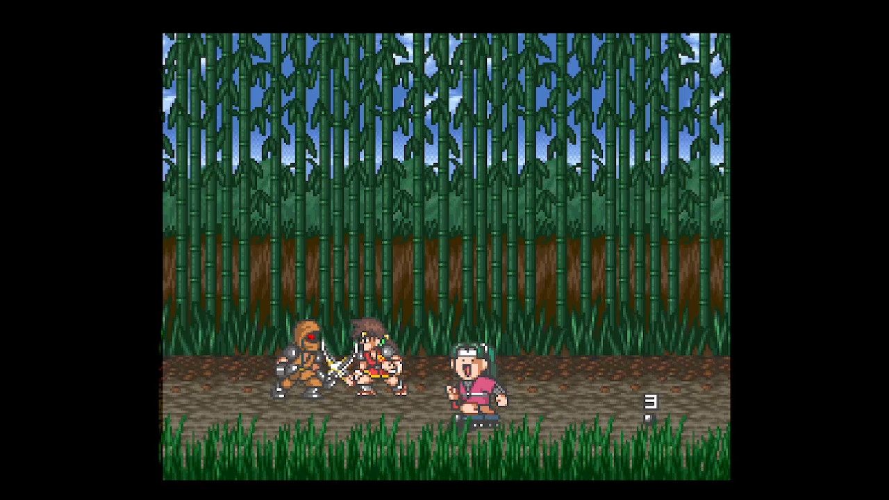 tela do jogo mostrando o protagonista lutando em uma clareira contra um ninja usando uma espada