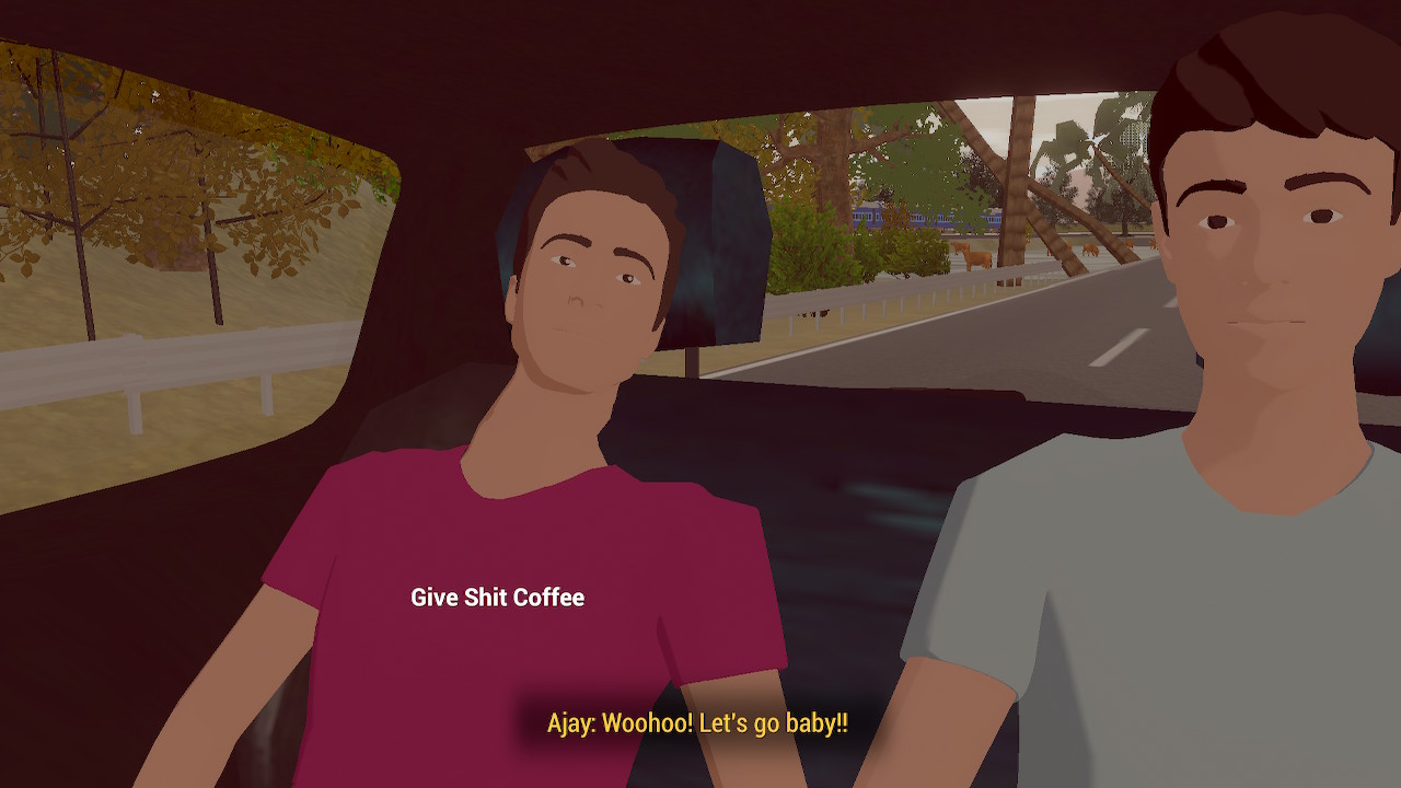 Ajay, amigo do protagonista, com o pescoço deslocado de lugar ao sentar no banco do carro.