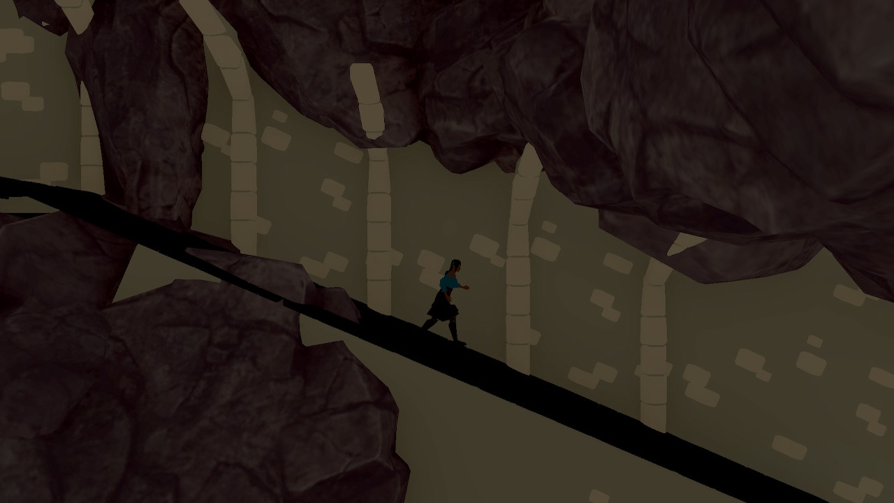 Cyradil, personagem do protagonista, passando por uma caverna que mal foi terminada, com gráficos básicos de Unity