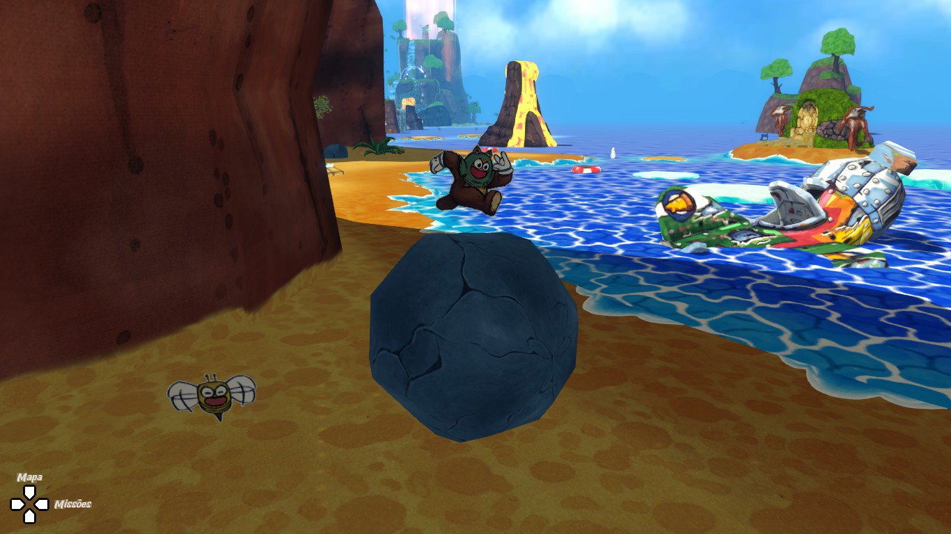 Ruffy levando uma rocha gigante em seus pés na beira da praia